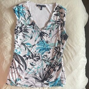 White House Black Market Floral V-Neck Tank Top - Black and Blue